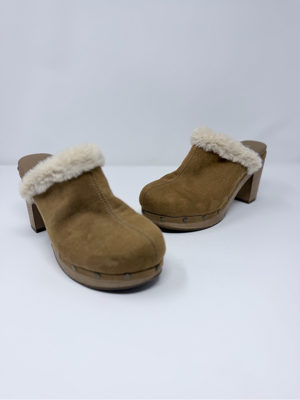 Esprit Women’s Size 8 Faux Suede Fur Trim Platform Clogs Brown Y2K